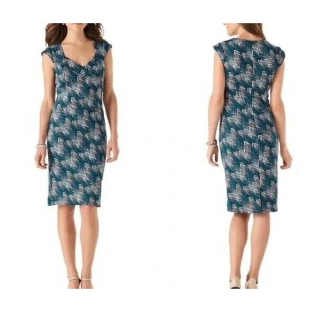 WHITE HOUSE BLACK MARKET Herringbone Dress Shift Sheath Chevron Teal Sz 4 EUC